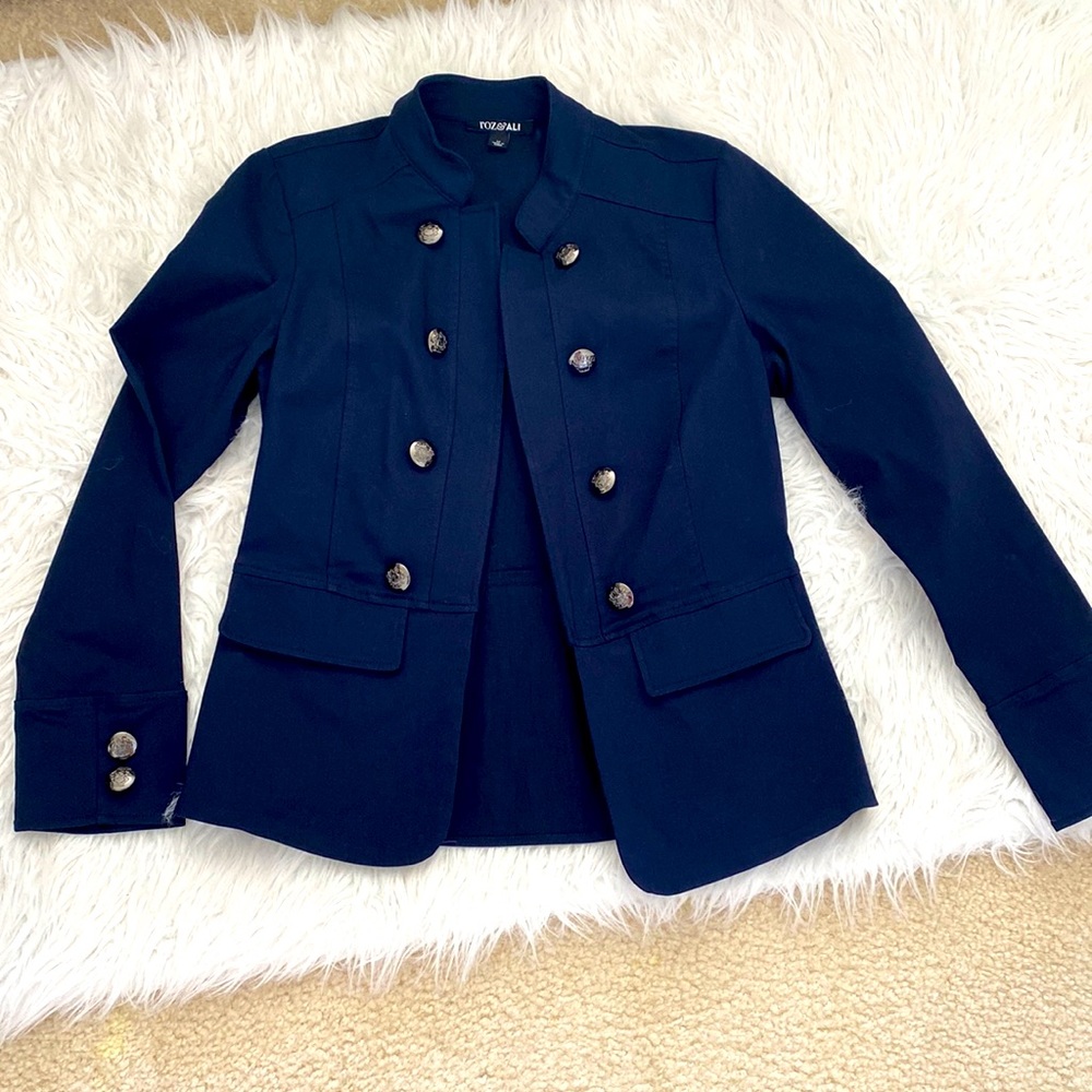 Roz & Ali blue navy solid jacket with silver buttons medium size .